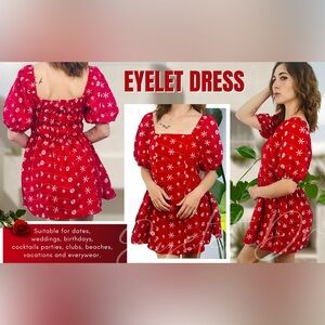 Red Summer Dress‎ Eyelet Embroidered Flowers